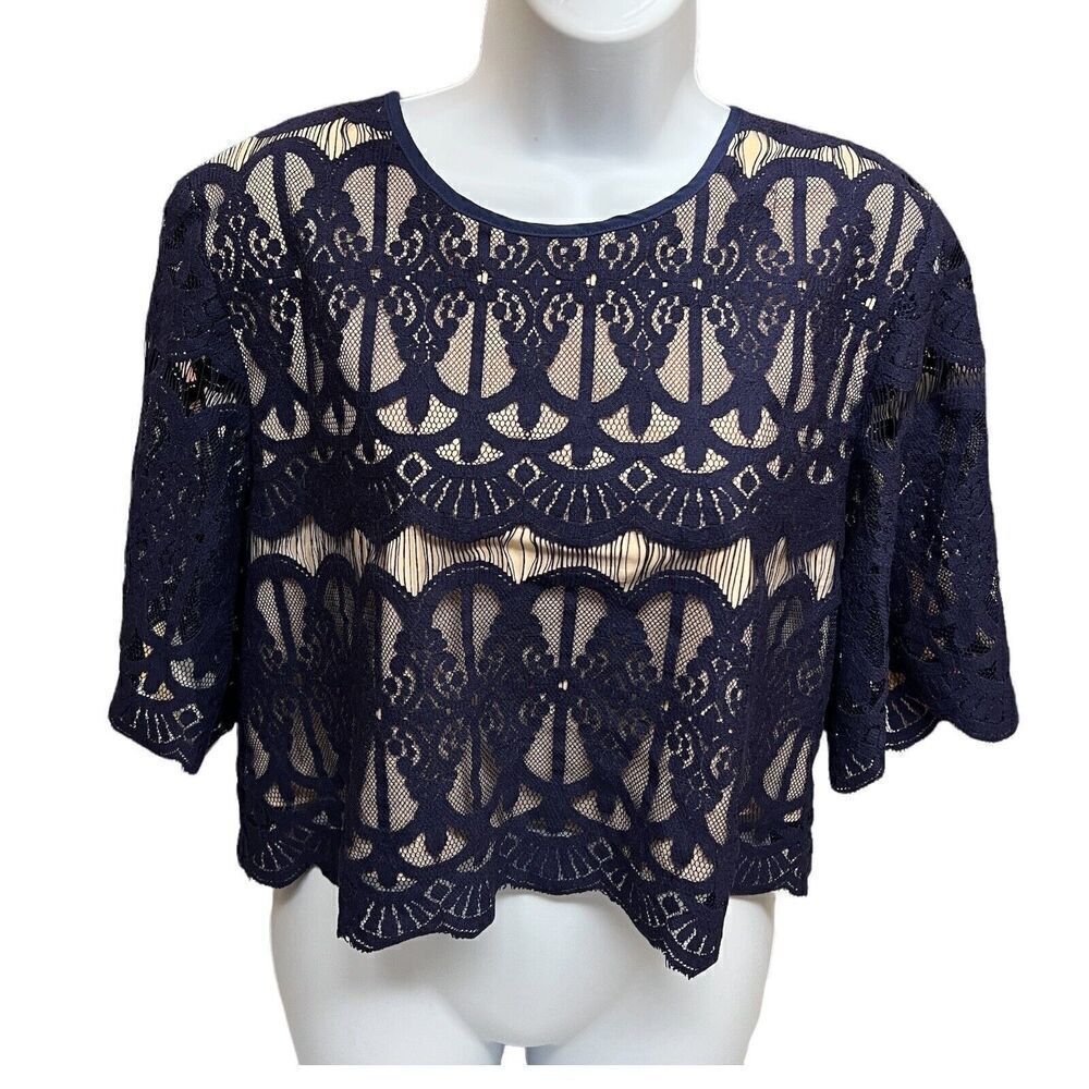 {tl} The Letter Top Women’s L Blue Crop Lace Mesh Abstract Romantic Short Sleeve